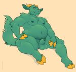  2021 3_eyes anthro balls biped bovid caprine character_request chubby_male fur genitals goat green_body green_fur hi_res hooved_hands hooves male mammal multi_eye musclegut nipples nude penis simple_background sitting smile softsorbet solo yellow_background yellow_hooves 