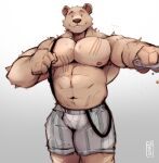  2021 abs anthro beastars big_muscles bottomwear brown_bear clothed clothing dot_eyes grey_background hi_res looking_at_viewer makowolf1 male mammal muscular muscular_anthro muscular_male navel nipples pecs riz_(beastars) scar shorts simple_background smile solo standing suspenders topless topless_male ursid ursine 