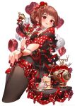  1girl balloon brown_hair cake cake_slice candy cup feet_out_of_frame food heart_balloon highres holding holding_candy holding_food holding_lollipop lollipop pantyhose phone pinky_out polka_dot red_eyes rotary_phone ryota_(ry_o_ta) teacup 