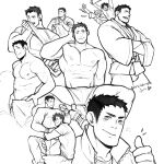  3boys abs alternate_pectoral_size ass_grab bara bare_pectorals blush character_request cheering collage couple dougi greyscale haikyuu!! hand_on_own_head hug jimsdaydreams large_pectorals lifted_by_self looking_at_viewer male_focus mature_male monochrome multiple_boys multiple_views muscular muscular_male naked_towel navel nipples pectorals sawamura_daichi shirt_lift shirtless short_hair shorts sideburns smile sparkle spread_legs steam stomach sweat thighs thumbs_up towel yaoi 