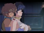  1980s_(style) 1boy 1girl 2021 artist_name blue_hair blush breasts brown_hair closed_eyes dated elbow_gloves fingerless_gloves from_side gloves hairband large_breasts letterboxed mage_(harumagedon) muscular open_mouth picture_frame ranma_1/2 retro_artstyle short_hair tendou_akane touma_(ranma_1/2) 