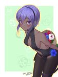  1girl :o artist_name assassin_(fate/zero) bare_shoulders black_hairband black_legwear black_leotard blush border bouquet breasts center_opening chibi chibi_inset commentary_request dark_skin dark_skinned_female dated fate/grand_order fate_(series) female_assassin_(fate/zero) flower hairband hassan_of_serenity_(fate) hassan_of_the_cursed_arm_(fate) holding holding_bouquet horned_headwear king_hassan_(fate) kuzumochi_(kuzumochiya) leaning_forward leggings leotard medium_breasts purple_eyes purple_hair short_hair solo_focus white_border 