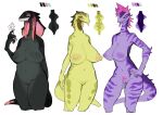  2021 anthro bebebebebe big_breasts big_nipples black_body black_scales breasts brown_body brown_scales candy dessert female food genitals group hair humanoid_genitalia humanoid_pussy lollipop mask medical_instrument nipples pink_hair purple_body purple_scales pussy red_body red_scales reptile scales scalie scientific_instrument simple_background stripes surgical_mask yellow_body yellow_scales 