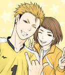  1boy 1girl \m/ blonde_hair brown_hair facing_viewer grin haikyuu!! hand_up hi-259 highres jacket looking_at_viewer misaki_hana multicolored_hair one_eye_closed shirt short_hair smile sportswear star_(symbol) terushima_yuuji track_jacket two-tone_hair v volleyball_uniform 