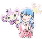  1girl ;d aipom bangs blue_eyes blue_hair coat commentary_request dawn_(pokemon) eyelashes gen_2_pokemon hair_ornament hairclip hands_together long_sleeves looking_back monoshiri_hakase one_eye_closed open_mouth pink_coat pokemon pokemon_(anime) pokemon_(creature) pokemon_dppt_(anime) pokemon_on_back scarf simple_background sketch smile tongue upper_body white_background white_scarf 