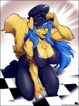  absurd_res amy_&quot;river&quot;_lewis_(lildredre) anthro big_breasts biker_cap bird_dog black_nose blue_hair boots bottomwear breasts canid canine canis cleavage clothed clothing curvy_figure digital_media_(artwork) domestic_dog erect_nipples female footwear fur gnaw golden_retriever hair hat headgear headwear hi_res hunting_dog leather leather_cap long_hair looking_at_viewer mammal nipple_outline nipples one_eye_closed pants retriever simple_background smile solo tattoo topwear voluptuous wide_hips wink 