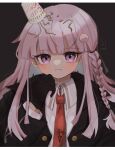  1girl baggy_clothes bangs black_gloves black_jacket black_ribbon blunt_bangs blush braid closed_mouth collared_shirt commentary_request danganronpa:_trigger_happy_havoc danganronpa_(series) eyebrows_visible_through_hair food food_on_head gloves hair_ornament hair_ribbon highres jacket kanata_(tanakani39) kirigiri_kyouko letterboxed long_hair long_sleeves looking_at_viewer necktie object_on_head open_clothes open_jacket purple_eyes purple_hair ribbon shirt side_braid single_braid skirt solo upper_body white_shirt 