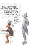  2021 absurd_res anthro antlers balls beastars canid canine canis cervid chair clothing computer desk dialogue duo english_text ffog flaccid foreskin furniture genitals hand_on_hip hi_res horn humanoid_genitalia humanoid_penis laptop legoshi_(beastars) louis_(beastars) male mammal navel nude penis shirt simple_background sitting standing text topwear uncut white_background wolf yelling 