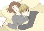  1boy 1girl alternate_hairstyle bed bed_sheet bedroom blonde_hair book brown_hair couple haikyuu!! hetero hi-259 highres holding holding_book hug light_blush misaki_hana multicolored_hair pajamas short_hair simple_background sleeping terushima_yuuji two-tone_hair waist_hug 