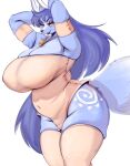  anthro blue_body blue_fur blue_hair breasts canid canine cleavage clothed clothing female fur hair hi_res legwear mammal mature_female msvondran nintendo simple_background solo star_fox thigh_highs video_games white_background 