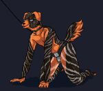  2021 all_fours anthro arrived_le black_background black_collar black_leash black_nose canid canine canis chastity_cage chastity_device collar domestic_dog leash male mammal multicolored_tail nude simple_background solo unseen_character 