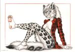  anthro blue_eyes breasts clothing felid female footwear hi_res looking_at_viewer mammal pantherine pawpads paws plantigrade shirt shoes simple_background sitting snow_leopard solo syntech topwear white_background 