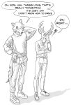  2021 anthro antlers beastars black_and_white bottomwear canid canine canis cervid clothed clothing dialogue duo english_text eyes_closed facepalm ffog footwear hand_behind_head hi_res hoodie horn jacket legoshi_(beastars) louis_(beastars) male mammal monochrome pants scar shoes simple_background standing text topwear white_background wolf 