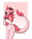  2021 anthro biped blue_eyes blush border breasts dated female fur hi_res horn kero_(byzil) milodesty nude pattern_background pink_background pink_body pink_fur signature simple_background smile solo standing white_border wickerbeast 