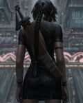  1girl ass backless_dress backless_outfit black_dress black_hair blurry blurry_background braid building commentary cowboy_shot depth_of_field dress facing_away from_behind guweiz highres long_hair neon_lights original rain short_sleeves single_braid solo standing sword sword_behind_back symbol_commentary very_long_hair weapon weapon_on_back 