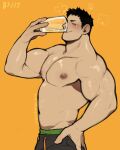  1boy absurdres alternate_pectoral_size bara belly biceps blush brown_hair bulge cowboy_shot drinking from_side glass haikyuu!! hand_on_hip highres jimsdaydreams large_pectorals male_focus muscular muscular_male navel nipples pants pectorals plump sawamura_daichi shirtless short_hair sideburns smile solo stomach track_pants 