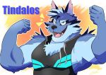  anthro biceps blue_body blue_fur blush canid canine canis flexing fur male mammal muscular muscular_anthro muscular_male noll423z sleeveless_hoodie solo tindalos_(tas) tokyo_afterschool_summoners video_games wolf 