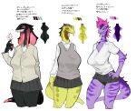  2021 anthro bebebebebe big_breasts black_body black_scales bottomwear breasts brown_body brown_scales candy clothing dessert dress female food group hair hi_res lollipop mask medical_instrument miniskirt pink_hair purple_body purple_scales red_body red_scales reptile scales scalie scientific_instrument shirt simple_background skirt stripes surgical_mask text topwear translation_request yellow_body yellow_scales 