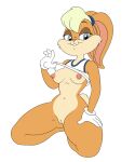  2021 anthro blonde_hair blue_eyes bottomless breasts buckteeth chipposter clothed clothing clothing_lift exposed_breasts female front_view full-length_portrait genitals gloves hair hand_on_leg hand_on_thigh handwear hi_res kneeling lagomorph leporid lola_bunny looney_tunes mammal nipples portrait pussy rabbit shirt shirt_lift smile solo teeth topwear warner_brothers 