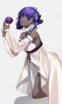  1girl absurdres apple bare_shoulders dark_skin dark_skinned_female dress fate/grand_order fate_(series) food fruit grey_background hair_ornament hairpin hassan_of_serenity_(fate) highres looking_at_viewer lostroom_outfit_(fate) missholmes official_alternate_costume open_clothes open_dress pink_dress purple_eyes purple_hair ribbon short_hair smile solo strapless strapless_dress thighs 