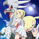  1boy 1girl alolan_form alolan_vulpix backpack bag blonde_hair braid brother_and_sister closed_mouth commentary_request eyelashes frown gen_7_pokemon gladion_(pokemon) green_eyes highres holding holding_poke_ball holding_strap legendary_pokemon lillie_(pokemon) long_hair looking_to_the_side monoshiri_hakase pink_bag pleated_skirt poke_ball pokemon pokemon_(anime) pokemon_(creature) pokemon_sm_(anime) ponytail premier_ball shirt short_sleeves siblings silvally skirt white_shirt white_skirt 