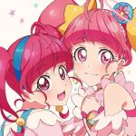  2girls :d blue_hairband closed_mouth commentary_request cure_star dual_persona earrings eyebrows_visible_through_hair hairband highres hoshina_hikaru jewelry looking_at_viewer magical_girl multiple_girls open_mouth pink_eyes pink_hair precure smile star_twinkle_precure twintails upper_body yufu_toyomimasu 