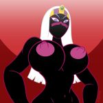  1:1 2021 alien alien_humanoid areola big_breasts black_body black_skin breasts drawsputin duck_dodgers female hair hi_res humanoid long_hair martian mouthless navel nipples not_furry nude purple_eyes queen_tyr&#039;ahnee red_background simple_background solo white_hair 