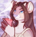  5_fingers anthro blue_eyes brown_hair clothed clothing cup female fingers free-opium hair holding_cup holding_object horn shirt smile solo species_request topwear 
