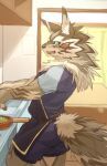  anthro birry41 black_sclera bottomwear butt canid canine canis clothing cooking fur green_eyes hi_res jackal kitchen looking_at_viewer male mammal multicolored_body multicolored_fur seth_(tas) shorts slim solo tokyo_afterschool_summoners video_games 