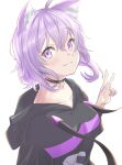  1girl :3 absurdres animal_ears bangs black_collar black_hoodie breasts cat_ears cat_girl collar collarbone drawstring eyebrows_visible_through_hair highres hololive hood hoodie leaning_back looking_at_viewer medium_breasts nekomata_okayu purple_eyes purple_hair short_hair smile solo v virtual_youtuber white_background yuzuyu000001 