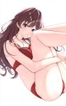  1girl :3 bangs bare_arms bare_legs blue_eyes bra breasts brown_hair cameltoe cleavage collarbone eyebrows_visible_through_hair highres ichinose_shiki idolmaster idolmaster_cinderella_girls leg_hug legs_up light_blush long_hair looking_at_viewer namidako panties red_bra red_panties simple_background smile solo underwear underwear_only white_background 