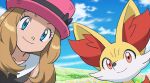  1girl black_ribbon blue_eyes closed_mouth cloud collarbone collared_shirt commentary_request day eyelashes fennekin gen_6_pokemon hat hat_ribbon light_brown_hair long_hair looking_at_viewer monoshiri_hakase official_style outdoors pink_headwear pokemon pokemon_(anime) pokemon_(creature) pokemon_xy_(anime) ribbon serena_(pokemon) shirt sky sleeveless smile starter_pokemon upper_body 