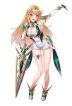  :d aegis_sword_(xenoblade) armpits bangs bare_legs bare_shoulders blonde_hair breasts chest_jewel cleavage cleavage_cutout clothing_cutout dress earrings elbow_gloves full_body gloves highres jewelry large_breasts leaning_forward legs long_hair long_legs matrix16 mythra_(xenoblade) open_mouth short_dress smile standing swept_bangs sword thigh_strap tiara very_long_hair weapon white_dress white_footwear white_gloves xenoblade_chronicles_(series) xenoblade_chronicles_2 yellow_eyes 