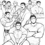  3boys alternate_pectoral_size bara bare_pectorals bare_shoulders character_request collage crossed_arms eating facial_hair greyscale haikyuu!! highres jimsdaydreams looking_at_viewer male_focus monochrome multiple_boys multiple_views muscular muscular_male official_alternate_costume pectorals police police_uniform sawamura_daichi short_hair sideburns smile sportswear thighs undressing uniform volleyball_uniform 