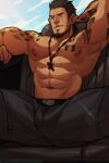  1boy abs arm_tattoo bara beard bulge chest_tattoo cross cross_necklace dark_skin dark_skinned_male facial_hair feet_out_of_frame final_fantasy final_fantasy_xv gladiolus_amicitia grey_pants jewelry jimsdaydreams large_pectorals looking_at_viewer male_cleavage male_focus mature_male muscular muscular_male navel necklace nipples pants pectorals scar scar_across_eye shirtless short_hair shoulder_tattoo sideburns solo spread_legs stomach stubble tattoo thick_thighs thighs 