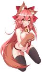  1girl animal_ear_fluff animal_ears artist_request bell black_legwear blush breasts cat_paws cleavage collar covering covering_breasts eyebrows_visible_through_hair fang fate/grand_order fate_(series) fox_ears fox_girl fox_tail gloves hair_ribbon jingle_bell large_breasts long_hair looking_at_viewer navel neck_bell open_mouth paw_gloves paws pink_hair red_ribbon ribbon simple_background sitting solo tail tamamo_(fate)_(all) tamamo_cat_(fate) topless very_long_hair white_background yellow_eyes 