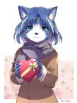  1girl animal_ear_fluff animal_ears animal_nose aqua_eyes aqua_hair artist_name bangs blue_fur blue_hair blush body_fur border bow box brown_coat casual claws closed_mouth coat commentary english_commentary eyebrows_visible_through_hair flat_chest fox_ears fox_girl furry gift grey_scarf hair_intakes hair_tubes hands_up happy heart heart-shaped_box highres holding krystal light_blush long_sleeves looking_at_viewer multicolored_hair namagaki_yukina outside_border ribbon scarf short_hair signature simple_background smile solo standing star_fox star_fox_assault streaked_hair two-tone_fur two-tone_hair upper_body valentine white_background white_border white_fur yellow_bow yellow_ribbon 