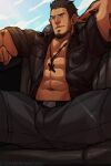  1boy abs bara beard bulge cross cross_necklace dark_skin dark_skinned_male facial_hair feet_out_of_frame final_fantasy final_fantasy_xv gladiolus_amicitia grey_pants jacket jewelry jimsdaydreams large_pectorals leather leather_jacket looking_at_viewer male_cleavage male_focus mature_male muscular muscular_male navel necklace nipples open_clothes open_jacket pants pectorals scar scar_across_eye short_hair sideburns solo spread_legs stomach stubble thick_thighs thighs 