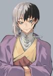  1boy artist_name asagiri_gen bangs black_hair blue_eyes closed_mouth dr._stone facial_mark grey_background grey_hair hands_in_opposite_sleeves jacket kadeart looking_at_viewer male_focus multicolored_hair purple_jacket short_hair simple_background smile solo two-tone_hair upper_body 