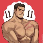  1boy abs bara between_pectorals completely_nude dark_skin dark_skinned_male dated food jimsdaydreams large_pectorals male_focus mature_male muscular muscular_male nipples nude original pectoral_focus pectorals pocky pocky_day short_hair sideburns smile solo upper_body 