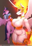  2020 anthro big_breasts black_sclera blush bottomless breasts chrysalisdraws clothed clothing daybreaker_(mlp) digital_media_(artwork) duo equid equine eye_contact feathered_wings feathers female fire friendship_is_magic genitals hair hasbro hi_res holding_object horn licking licking_lips licking_own_lips looking_at_another mammal multicolored_hair multicolored_tail my_little_pony navel panties purple_eyes pussy self_lick shirt shirt_only simple_background text tongue tongue_out topwear topwear_only twilight_sparkle_(mlp) underwear url winged_unicorn wings 