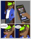  4:5 anthro brown_body brown_fur canid canine canis clothing comic dragov english_text fur green_hair grey_body grey_fur hair hi_res jacket kingdraws leaning_on_wall male mammal mouse murid murine phone rodent solo text topwear wolf 