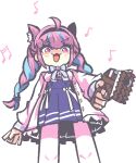  1girl :3 animal_ear_fluff animal_ears apex_legends bangs blue_hair blue_skirt braid breasts cat_ears chained_tan chibi eyebrows_visible_through_hair gun handgun high-waist_skirt holding holding_gun holding_weapon hololive kemonomimi_mode looking_down medium_breasts minato_aqua multicolored_hair musical_note open_hand open_mouth p2020_(pistol) pistol purple_eyes purple_hair skirt smile solo sweater twin_braids two-tone_hair v-shaped_eyebrows weapon white_background white_sweater 
