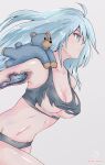  1girl absurdres android blue_eyes blue_hair breasts damaged highres matsumoto_(vivy) rasen_manga stuffed_animal stuffed_toy teddy_bear torn_clothes vivy vivy:_fluorite_eye&#039;s_song white_background 