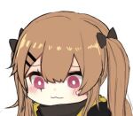  1girl bangs blush brown_hair commentary_request face girls_frontline hair_between_eyes hair_ornament hairclip jacket long_hair lowres portrait red_eyes scar scar_across_eye simple_background smile solo twintails ump9_(girls_frontline) white_background yanggaengwang 
