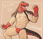  2021 abs animal_head anthro bulge character_name claws clothing dinosaur fingerless_gloves for_a_head gloves handwear hi_res jrjresq king_of_dinosaurs king_of_fighters male muscular muscular_anthro muscular_male navel nipples open_mouth open_smile pecs pinup pose reptile scalie simple_background smile snk solo standing tan_background thong underwear video_games 