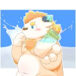  1:1 2021 anthro babe_bunyan belly blue_eyes blush bovid bovine cattle horn kemono male mammal milk milk_bottle moobs navel overweight overweight_anthro overweight_male ryuryutwins solo tokyo_afterschool_summoners video_games young 