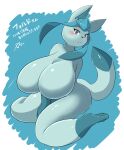 absurd_res anthro big_breasts blush breasts eeveelution featureless_breasts female glaceon hands_between_legs hi_res huge_breasts kify nintendo nude pok&eacute;mon pok&eacute;mon_(species) solo text translation_request video_games 