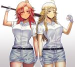  2girls absurdres ahoge bangs baseball baseball_bat baseball_uniform belt blonde_hair breasts circlet commission commissioner_upload fire_emblem fire_emblem:_three_houses fire_emblem_fates gloves grey_eyes hapi_(fire_emblem) highres long_hair looking_at_viewer multiple_girls ophelia_(fire_emblem) red_eyes red_hair saikunartworks shorts smile sportswear 