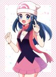  1girl :d beanie blue_eyes blue_hair blush bracelet commentary_request dawn_(pokemon) eyelashes gen_4_pokemon hands_up haru_(haruxxe) hat highres index_finger_raised jewelry long_hair open_mouth piplup pokemon pokemon_(game) pokemon_dppt polka_dot_border red_scarf scarf sidelocks sleeveless smile tongue white_headwear 